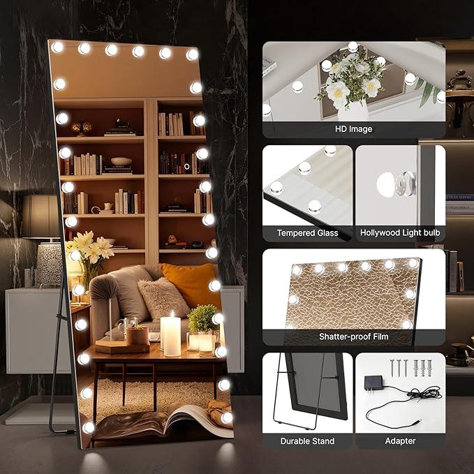 Kosmonia 82x36 Hollywood Full Length Mirror with Light, 28 Dimmable Bulbs & 3 Color Smart Touch Control, Distortion Free, Tempered Glass & Shatter Proof Film, Safe Full Body Mirrors with Stand - ModernBath