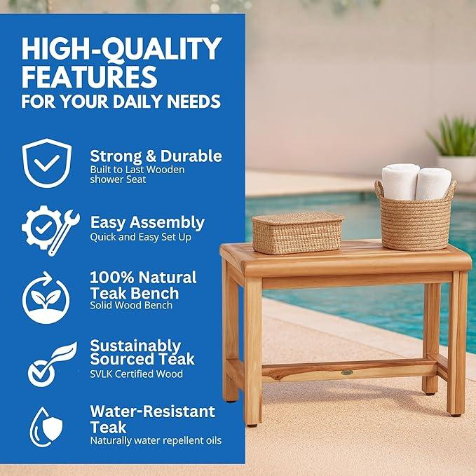 EcoDecors Eleganto 24 Inch Natural Color Waterproof Teak Wood Shower Bench Stool Seat Chair For Inside Shower Provides Safety, Storage, and Organization For Bathroom Accessories - ModernBath