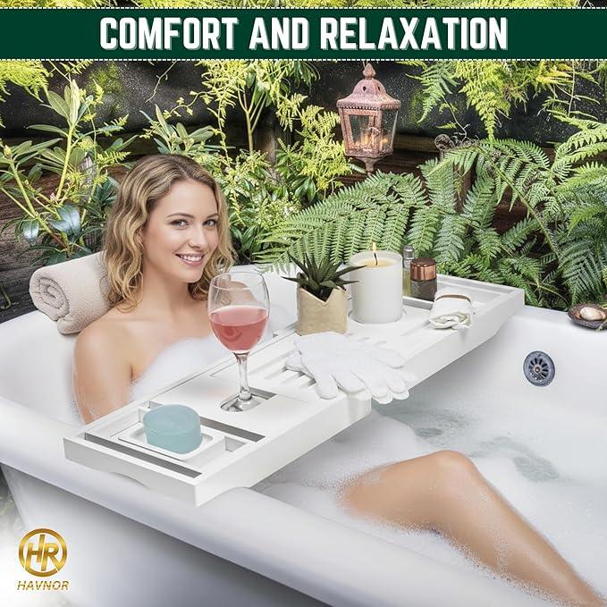 Bamboo Bathtub Caddy Tray Expandable & Foldable Bath Shelf with Book, Tablet & Wine Holder Adjustable Wooden Bath Tray for Relaxing Spa at Home – Fits Most Tub Sizes. - ModernBath