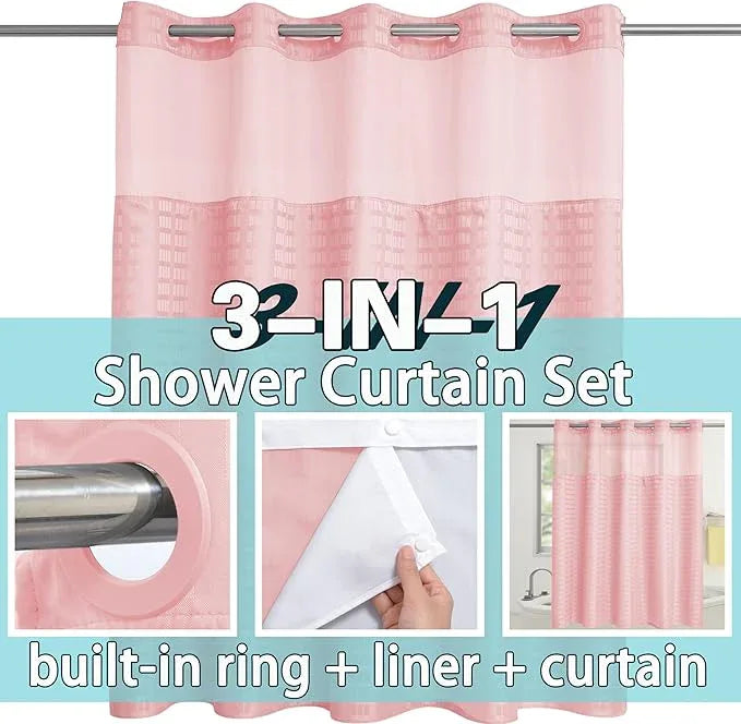 Conbo Mio No Hook Shower Curtain with Snap in Liner Set, Hotel Luxury Pink Shower Curtains for Bathroom with See Through Top Window, Waterproof, Washable 71W x 74H - ModernBath