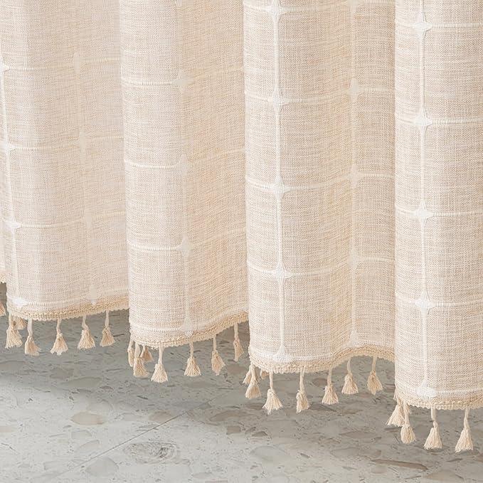 MitoVilla No Hooks Needed Boho Farmhouse Shower Curtain with Snap-in Liner, Cotton Linen Fabric Shower Curtains with Tassels for Rustic Neutral Bathroom Decor, Beige/Cream, 72 x 74 - ModernBath