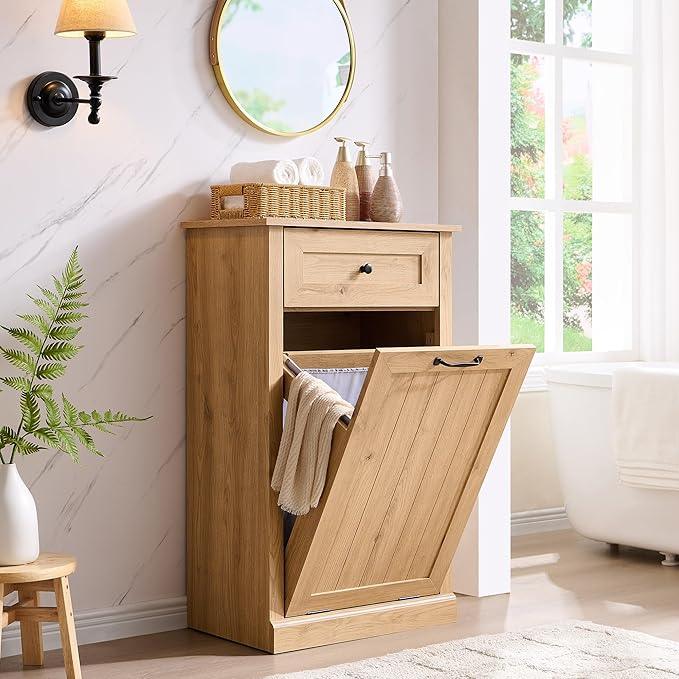 Tilt Out Laundry Hamper Cabinet, 10 Gallon Farmhouse Trash Can Cabinet with Drawer, Hidden Wood Garbage Can Bin Cabinets with Laundry Storage Basket for Bathroom, Kitchen, Natural - ModernBath