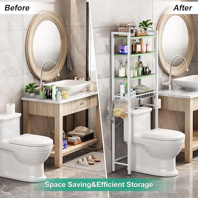 Over-The-Toilet Storage Rack, 4-Tier Bathroom Organizer Shelf Over Toilet with Adjustable Shelf and Basket, Freestanding Space Saver Bathroom Shelves Above Toilet for Room (Avocado Green) - ModernBath
