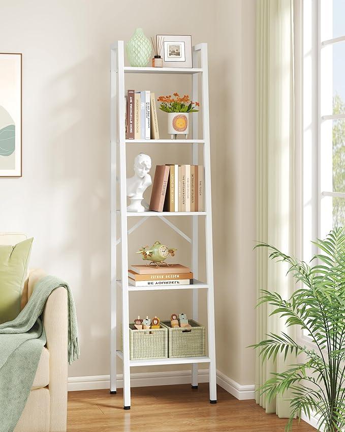 Hoctieon 5-Tier Industrial Ladder Bookshelf, Narrow Ladder Shelf, Tall Standing Bookshelf, Skinny Open Ladder Shelf, for Living Room, Home Office, Kitchen, Bedroom, Metal Frame, White - ModernBath