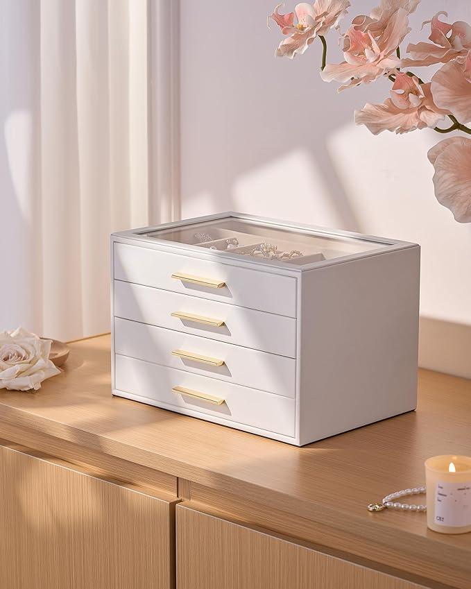 pickpiff Jewelry Box Organizer Case for Women: 4-Layer Jewelry Storage Case with Glass Window, Pure White Leather with Velvet Holder for Ring Necklace Bracelet Brooch Watch, Great Gift for Her - ModernBath