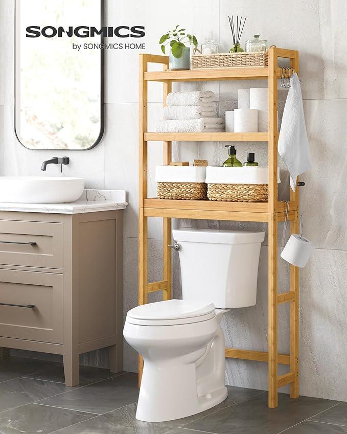 SONGMICS Over The Toilet Storage, 3-Tier Over Toilet Bathroom Organizer with Adjustable Shelf, 10.2 x 24.8 x 66.9 Inches, Space-Saving, Natural Beige UBTS001N01 - ModernBath