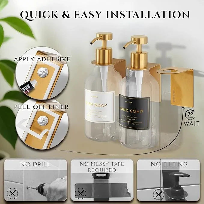 Shampoo & Conditioner Dispenser - Shower Soap Dispenser Wall Mounted - Set of 3 16.9 Oz Plastic Bottles with Pump & Holder - Shampoo Dispenser - Shower Dispenser Chamber No Drill (3 X Clear/Gold) - ModernBath