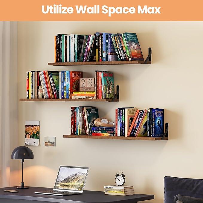 upsimples Floating Book Shelves for Wall, 35.4 Inches Long Floating Wood Shelves for Living Room, Library, Bedroom, Office Organizer and Storage, Brown - ModernBath