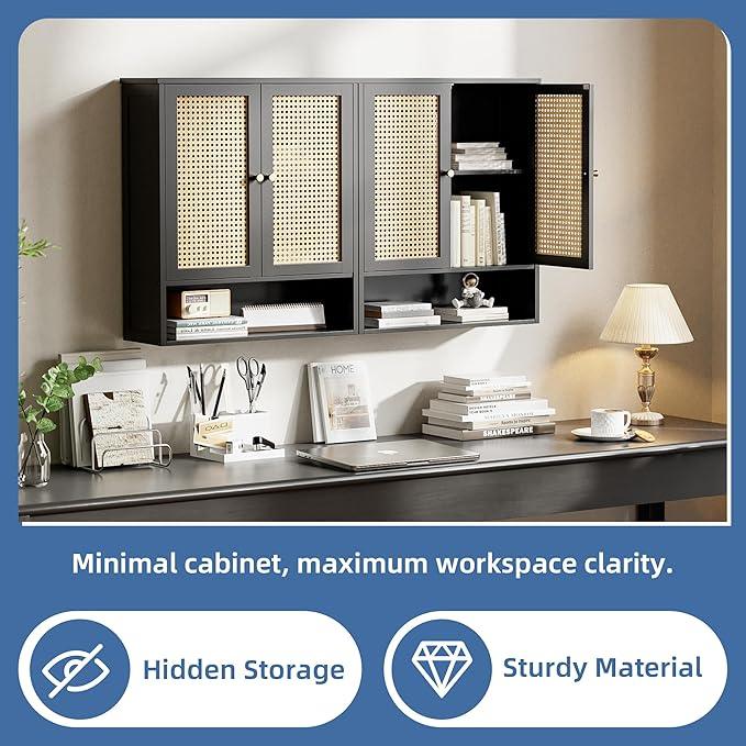 HITNET Wall Cabinet, Bamboo Medicine Cabinet with Rattan Doors and Adjustable Shelf, Bathroom Hanging Storage Organizer Over Toilet for Small Space (Black) - ModernBath
