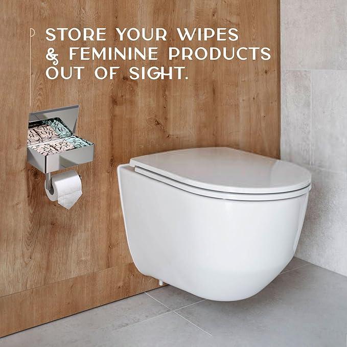 Day Moon™ Chrome Toilet Paper Holder with Shelf - Wipe Holder for Bathroom, Flushable Wipes Dispenser, Toilet Paper and Wipes Holder - ModernBath