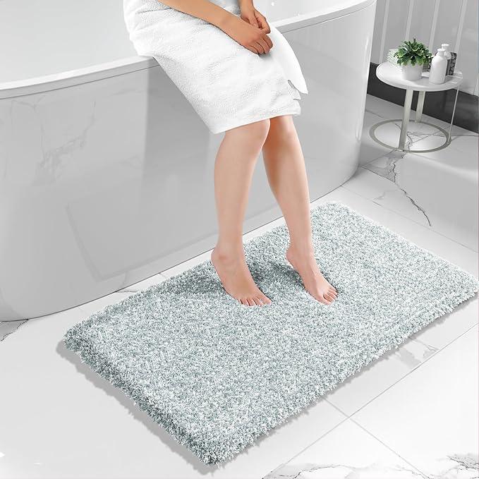 Yimobra Luxury Bathroom Rugs, Fluffy Bath Mats, Non Slip, Water Absorbent Microfiber, Machine Washable, Plush Runner Shower Rugs, Thick Matts for Bathroom Floor/Tub, 47"x 24", Sky Light Blue and White - ModernBath