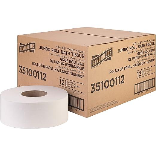 Genuine Joe Jumbo Roll Bath Tissue, 3.3" x 1000', 2-Ply, Natural, 12 Count - ModernBath
