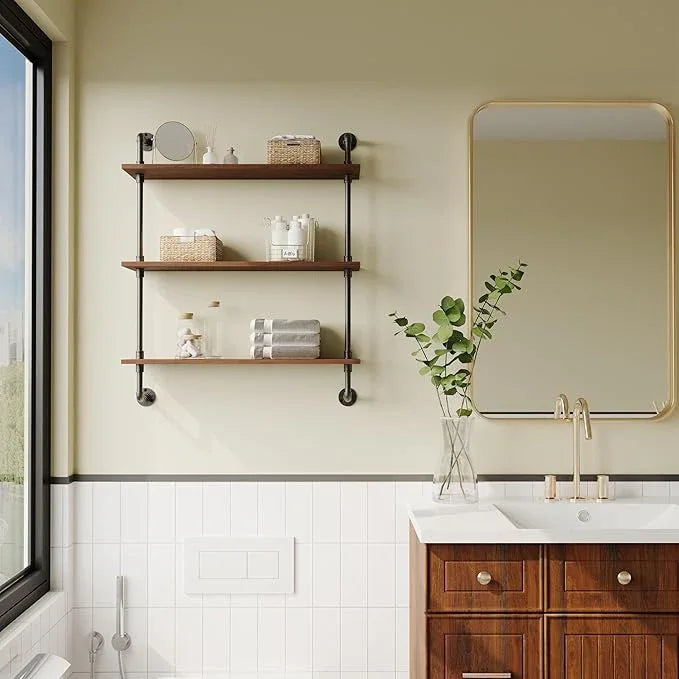 3-Tier Industrial Pipe Floating Shelf – Rustic 30 inch Wood Wall-Mounted Storage Shelf for Kitchen Office,Bathroom & Home Decor -Walnut - ModernBath