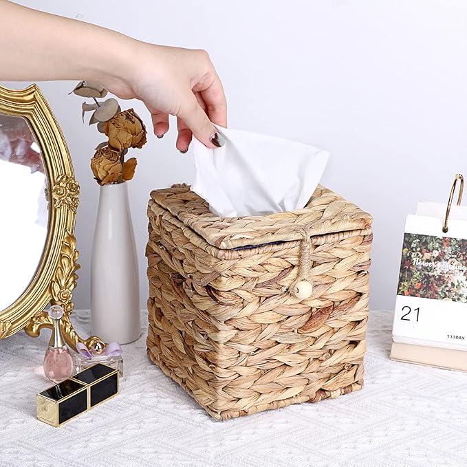 Sumnacon Tissue Box Cover Square Tissue Box with Lid, Wicker Tissue Cover for Home Office Table (Water Hyacinth, Natural) - ModernBath