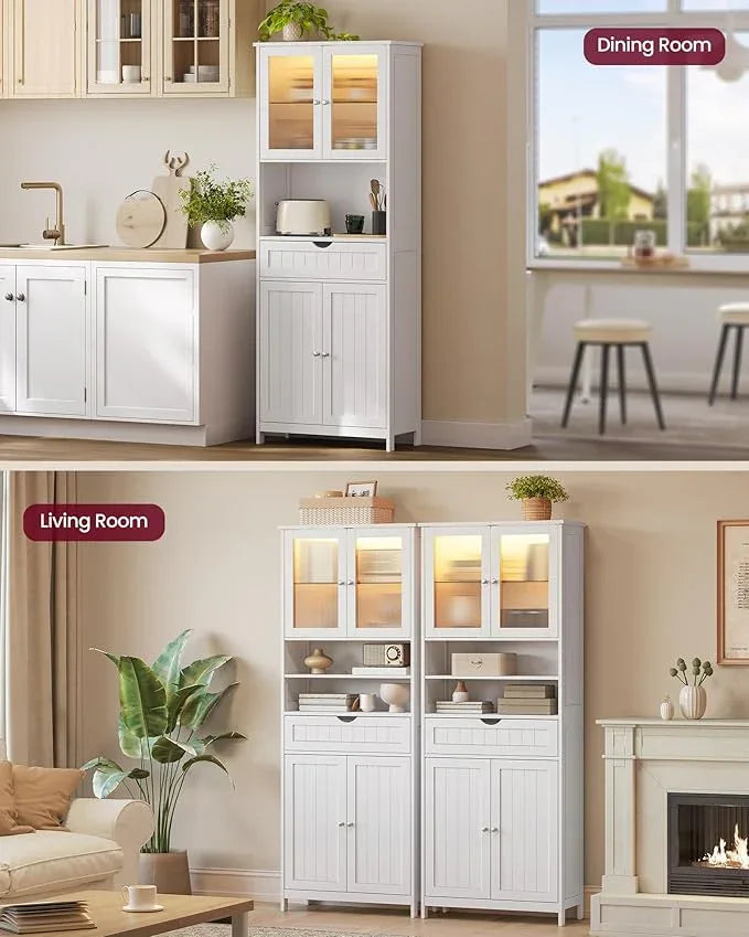 VASAGLE Storage Cabinet with LED Lights, Freestanding Storage Unit with Adjustable Shelves, Drawer, Open Compartments, for Bathroom, Living Room, Kitchen, Cloud White UBBC767WH01S - ModernBath
