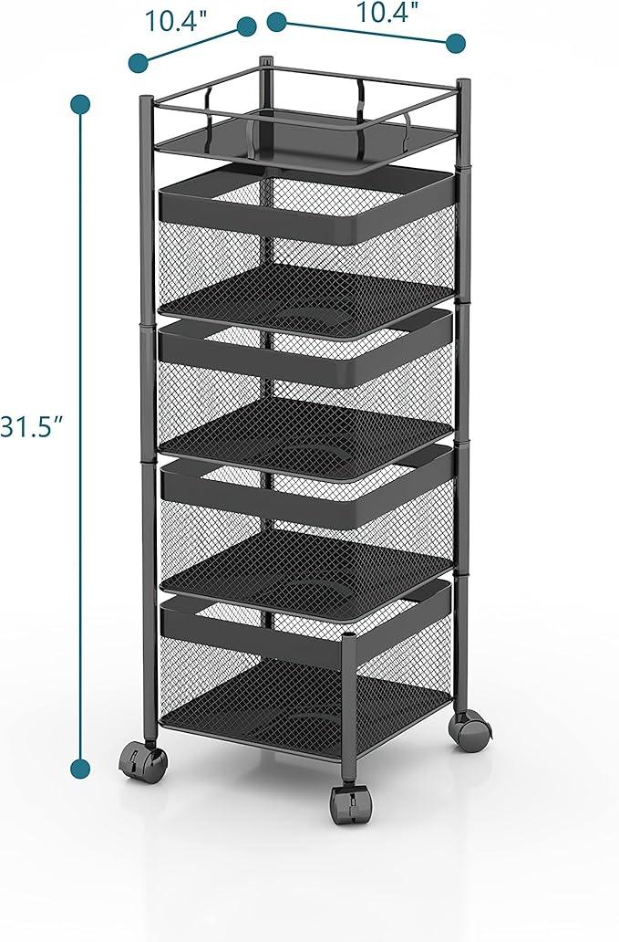 Rotating Kitchen Storage Rack，Bathroom Shelf，Kitchen Organization and Storage，Bathroom Storage Organizer，Fruit Basket，Rolling Carts with Wheels(Black, 4 Tier-Square) - ModernBath