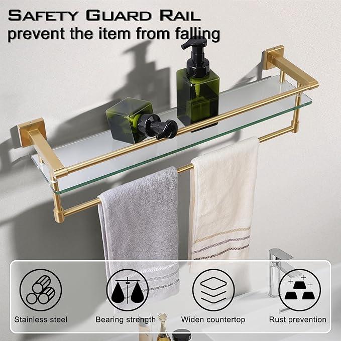 Bathroom Glass Shelf with Towel Bar/Rack 24 inches Wall-Mounted Shelves Tempered Glass Sink Toilet Organizer Shower Towel Decorative Storage (Polished Gold Finish) - ModernBath