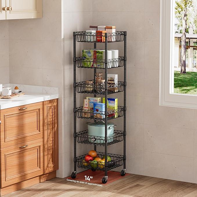6 Shelves Storage Shelf Wire Closet Bathroom Organizers Metal Pantry Kitchen Garage Shelving Unit Laundry Room Organization Home Rack Net Basket Black with Wheels 14" Dx14 Wx64.8 H - ModernBath