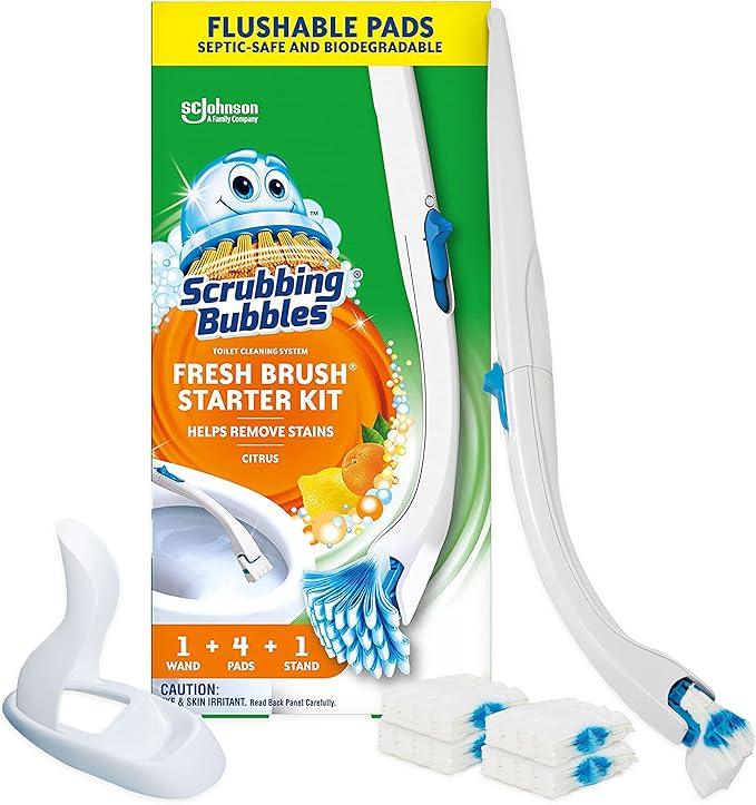 Scrubbing Bubbles Toilet Bowl Cleaning System with Flushable & Disposable Cleaner Refill Pads, Fights Odors and Helps Remove Limescale & Hard Water Stains, Citrus Scent, 1 Wand + 4 Refills + 1 Stand - ModernBath