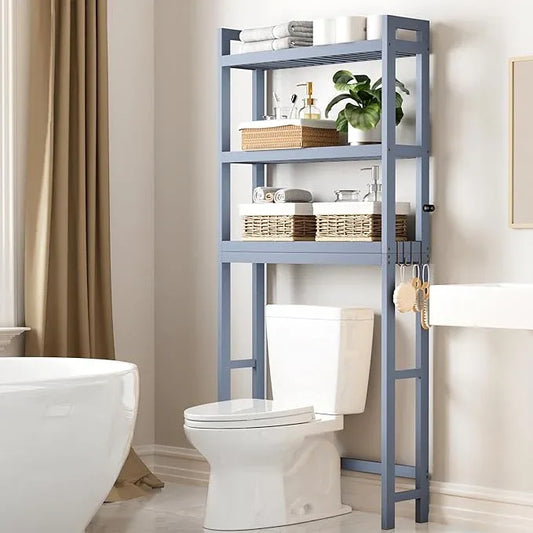 Smiry Over The Toilet Storage Cabinet, 3-Tier Bamboo Bathroom Organizers with Adjustable Shelf & 4 Hooks, Space Saving Shelf Rack for Bathrooms, Laundry Room, Balcony, Grey - ModernBath