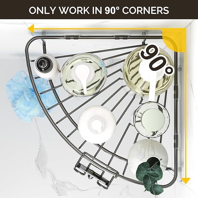 Orimade Corner Shower Caddy with 2 Hooks Wall Mounted Metal Bathroom Shelf Storage Organizer Adhesive No Drilling 2 Pack, Grey Only for 90-Degree Corner - ModernBath
