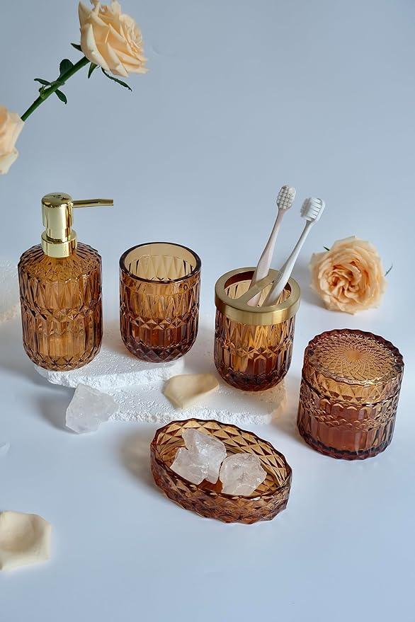 LaMarriti Amber Bathroom Accessories Set, 5Pcs Clear Glass Bathroom Sets, Hand Soap Dispenser, Soap Dish, Toothbrush Holder Set, Qtips Holder for Crystal Vintage Bath Decor, Set - ModernBath