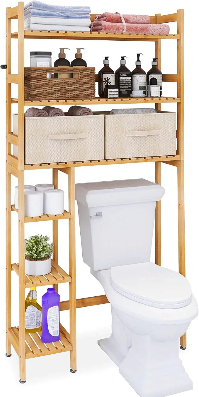 SMIBUY Over The Toilet Storage, Bamboo 6-Tier Bathroom Storage Shelf with Drawers, Freestanding Above Toilet Organizer Rack, Mass-Storage, Space Saver for Small Room (Natural) - ModernBath
