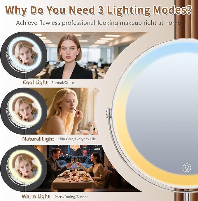 9" Magnifying Mirror with Light 1X/20X, Makeup Mirror with Light includes small mirror, 2000mAh Rechargeable, 360° Rotation, 3 Color Modes, Double-Sided, Ideal for Eyebrows, Lenses & Skincare - ModernBath
