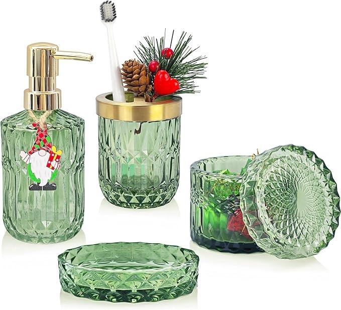 LaMarriti 4pcs Glass Bathroom Accessories Set, Clear Green Bathroom Soap Dispenser Set, Toothbrush Holder, Soap Dish, Soap Dispenser, Qtips Holder Set for Crystal Vintage Bath Decor (Green) - ModernBath