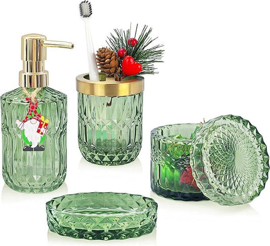 LaMarriti 4pcs Glass Bathroom Accessories Set, Clear Green Bathroom Soap Dispenser Set, Toothbrush Holder, Soap Dish, Soap Dispenser, Qtips Holder Set for Crystal Vintage Bath Decor (Green) - ModernBath
