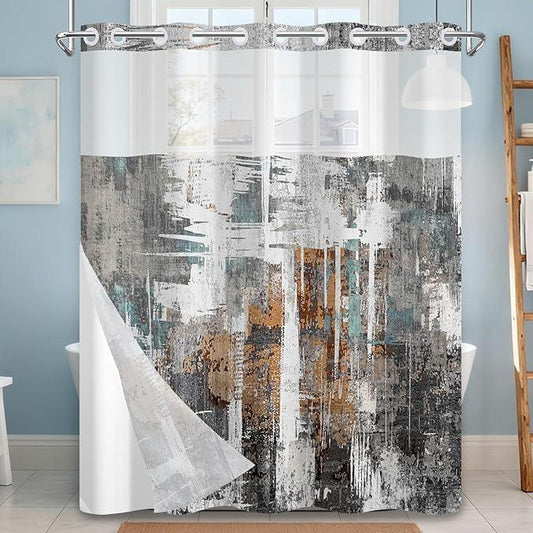 NAEMBCU No Hook Shower Curtain with Snap-in Liner, Modern Abstract Bath Curtain with See Through Top, Waterproof Double Layer for Bathroom Decor, 71 x 74 Inch - ModernBath