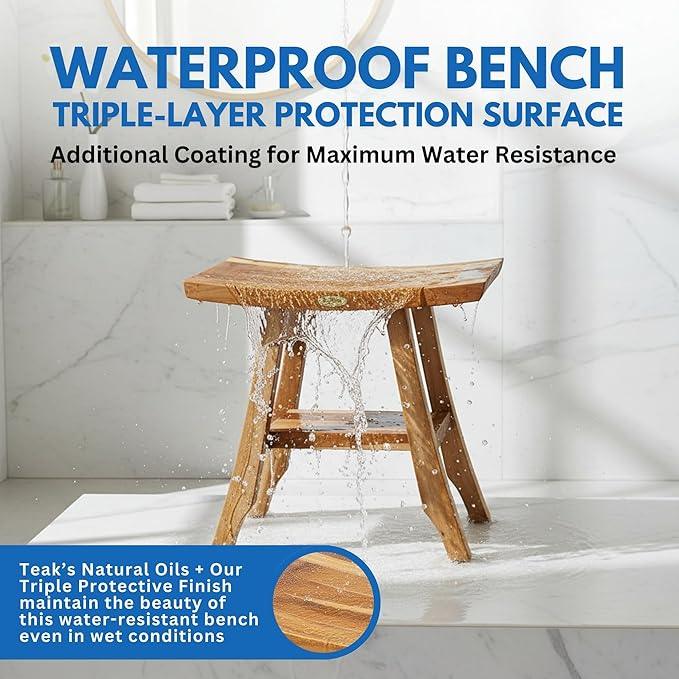 EcoDecors 18" Satori Teak Shower Bench –Compact Bath Seat, Natural Wood Finish Water-Resistant Spa Bench | Slatted Design & Adjustable Feet for Indoor Outdoor Use | Storage Shelf - ModernBath