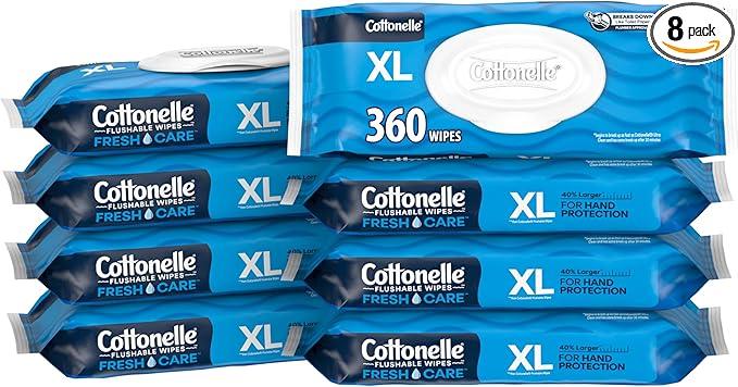 Cottonelle XL Flushable Wet Wipes, Adult Wipes Large, 8 Flip-Top Packs, 45 Wipes Per Pack (360 Total Wipes), Packaging May Vary - ModernBath