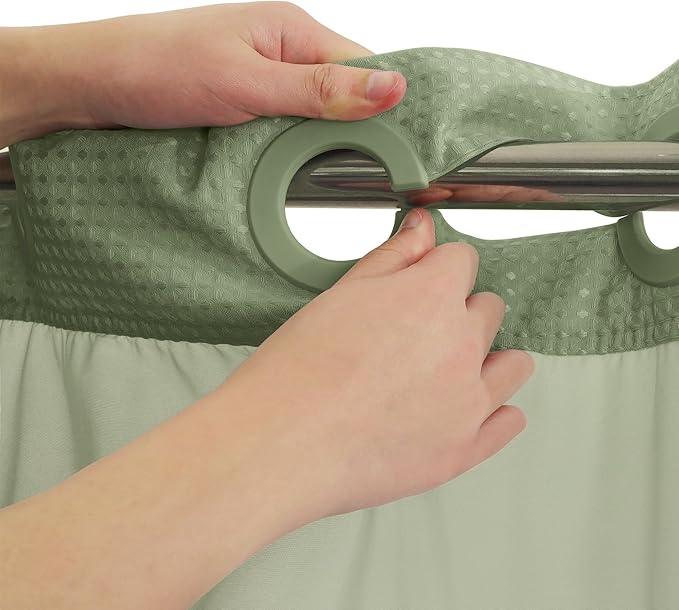 River Dream Green Heavyweight No Hooks Required Shower Curtain with Snap in Liner - Dotted Waffle Weave,Hotel Grade,Spa Like Bath Curtain,71W x 74H - ModernBath