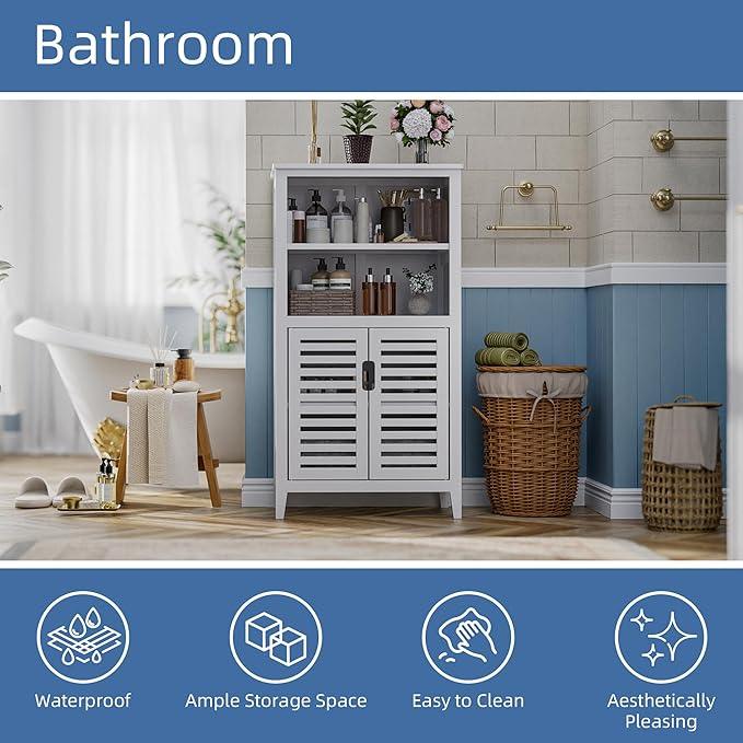HITNET White Bathroom Cabinet, Bamboo Storage Cabinet Freestanding, Side Tall Storage Organizer for Kitchen Living Room Entryway - ModernBath