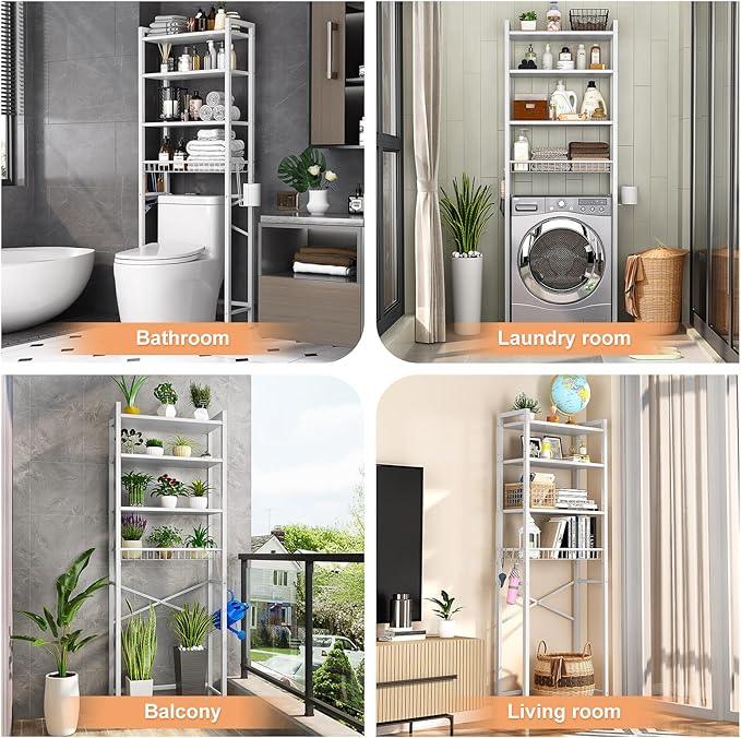 Over-The-Toilet Storage Rack, 4-Tier Bathroom Organizer Shelf Over Toilet with Adjustable Shelf and Basket, Freestanding Space Saver Bathroom Shelves Above Toilet for Room (Pure White) - ModernBath