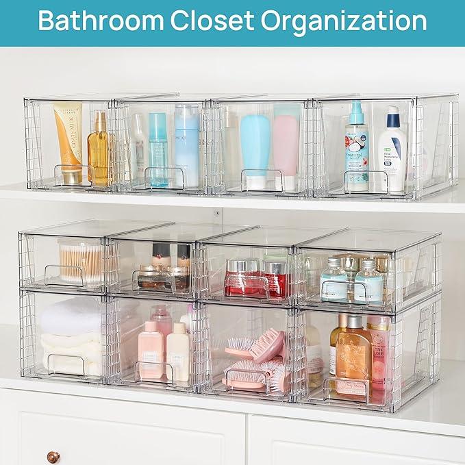 Vtopmart 4 Pack Large Stackable Storage Drawers,Easily Assemble Acrylic Bathroom Closet Undersink Organizers and Storage,Plastic Bins for Kitchen Cabinets,Pantry,Makeup,Medicine Organization - ModernBath