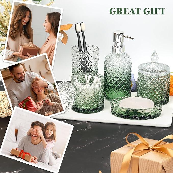 Ulable Bathroom Accessories Set, 5Pcs Bathroom Soap Dispenser Set, Glass Bathroom Accessories with Glass Soap Dispenser, Soap Dish, Toothbrush Holder, Tumbler, Cotton Swab Jar (Gradient Clear & Green) - ModernBath
