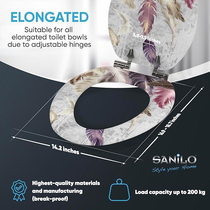 SANILO Wooden Toilet Seat with Soft Close [ELONGATED] - Decorative, Quiet & Slow Close Molded Wood Seat - With Strong Bumpers & Hinges - Adjustable Fit - Feathers - ModernBath