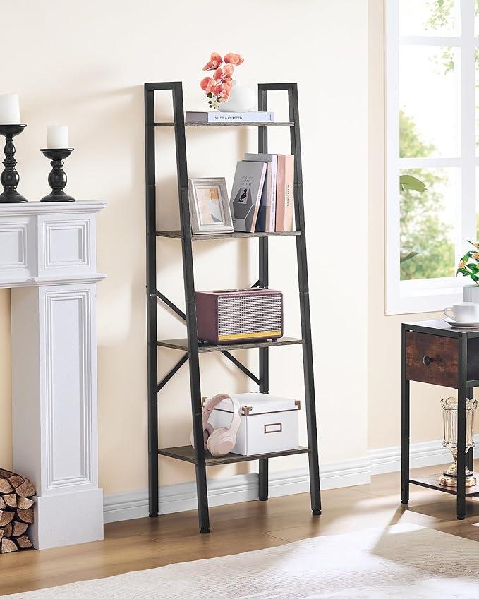 Hoctieon 4-Tier Industrial Ladder Bookshelf, Narrow Ladder Shelf, Tall Standing Bookshelf, Skinny Open Ladder Shelf, for Living Room, Home Office, Kitchen, Bedroom, Metal Frame, Greige - ModernBath