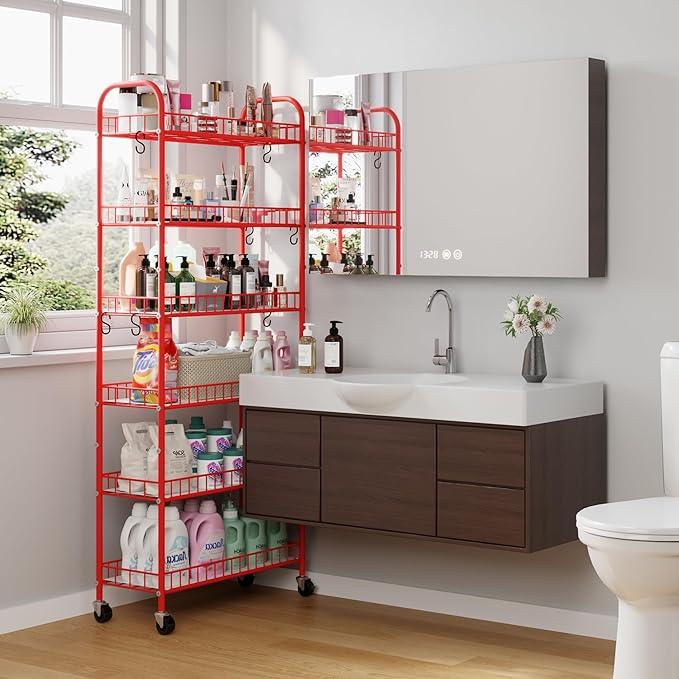 Slim Rolling Storage Cart, 6 Tier Metal Kitchen Rolling Utility Cart with Lockable Wheels for Kitchen, Bathroom, Laundry Room, Small Narrow Spaces (Red 10 Inches) - ModernBath