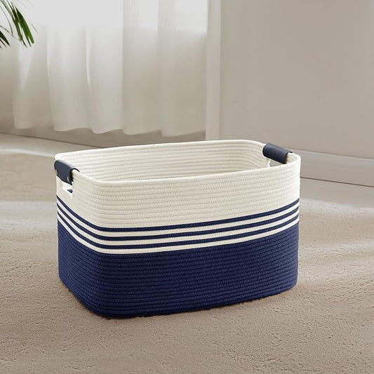 45L Small Laundry Basket with Leather Handles for Living Room Storage, Woven Rope Baskets Bin for Blanket, Kids Toy, Gifts, Wicker Hamper for Bedroom Dirty Clothes, 18"x14"x11" White Navy - ModernBath
