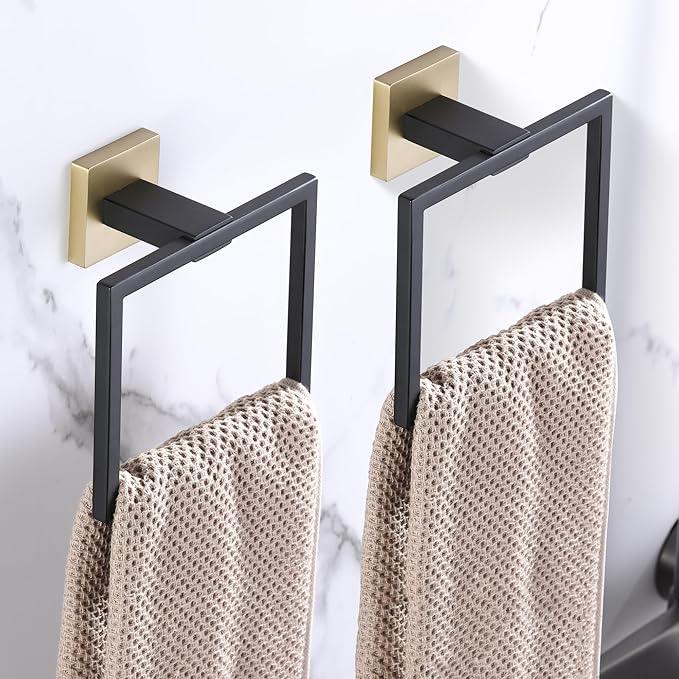 LANC Hand Towel Holder for Bathroom Wall Mount Matte Black and Brushed Gold Square Hand Towel Holder for Bath Lavatory SUS304 Stainless Steel Modern Style Shower Towel Towel Racks Hanger, A8896GK - ModernBath