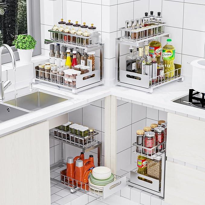 Under Sink Organizer Storage Heavy Duty Metal Slide Out Sink Shelf Organizer Height Adjustable, Multi-Purpose Storage Shelf for Kitchen Bathroom (Silver,1Pack) - ModernBath