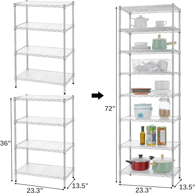 Finnhomy 8-Tier Wire Shelving Unit Adjustable Steel Wire Rack Shelving 8 Shelves Steel Storage Rack or Two 4-Tier Shelving Units with PE mat, Leveling Feet and Safety Device, NSF Certified, Chrome - ModernBath