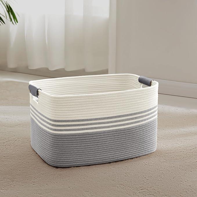 45L Small Laundry Basket with Leather Handles for Living Room Storage, Woven Rope Baskets Bin for Blanket, Kids Toy, Gifts, Wicker Hamper for Bedroom Dirty Clothes, 18"x14"x11" White Grey - ModernBath