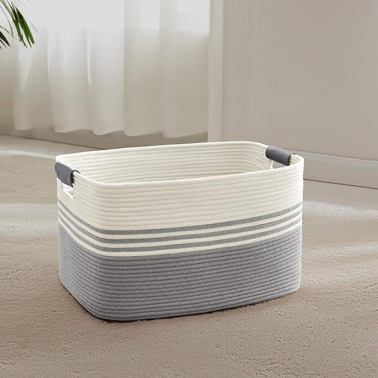 45L Small Laundry Basket with Leather Handles for Living Room Storage, Woven Rope Baskets Bin for Blanket, Kids Toy, Gifts, Wicker Hamper for Bedroom Dirty Clothes, 18"x14"x11" White Grey - ModernBath