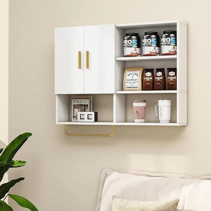 Bathroom Wall Cabinet Wood Large Wall Mounted Medicine Cabinet with 2 Doors and 4 Open Shelves Over Toilet Storage Cabinet Organizer with Towel Bar,White - ModernBath