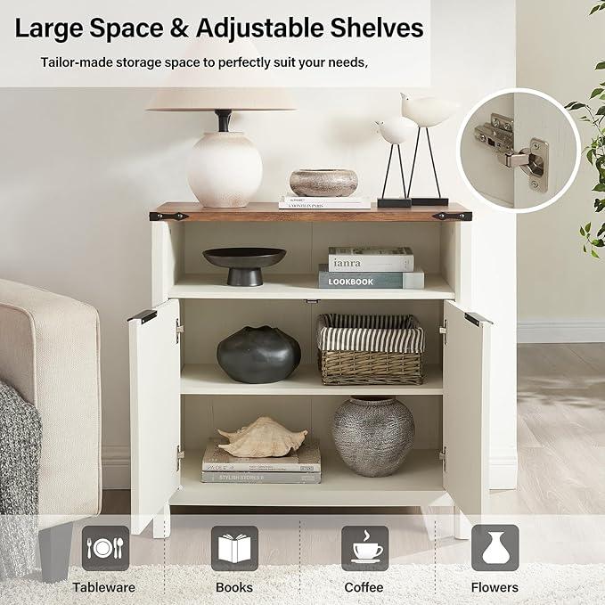 Buffet Cabinet with Storage - Modern Farmhouse Rustic 32 Fluted Sideboard Storage Cabinet Buffet with Adjustable Shelves, Coffee Wine Bar Organizer for Dining Room (Antique White) - ModernBath