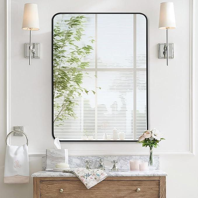 Bonverre 24x36 Inch Rectangle Bathroom Mirror with Black Metal Frame, Rounded Corner Rectangular Vanity Mirror for Wall, Modern Large for Bedroom, Living Room, Horizontal or Vertical - ModernBath